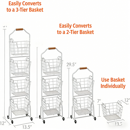 Adjustable Tiered Wire Storage Cart with Removable Baskets