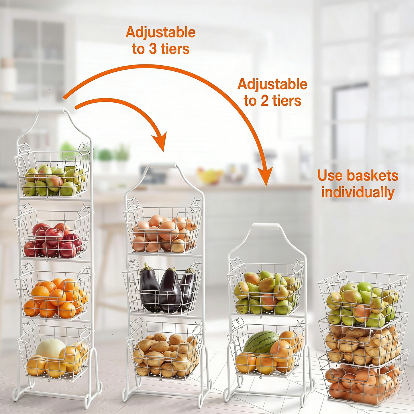 Adjustable Tiered Wire Storage Cart with Removable Baskets